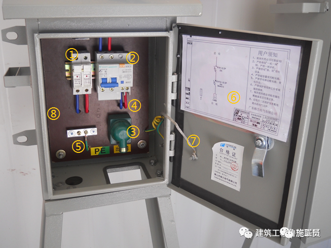 ①:隔离开关②:漏电保护器③:插座④:电线按相序分色⑤:pe线端子⑥